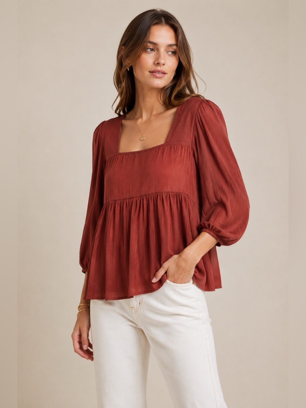 Anthropologie Dolan Rust Peasant Blouse Square Neck‎ Babydoll Boho Top S